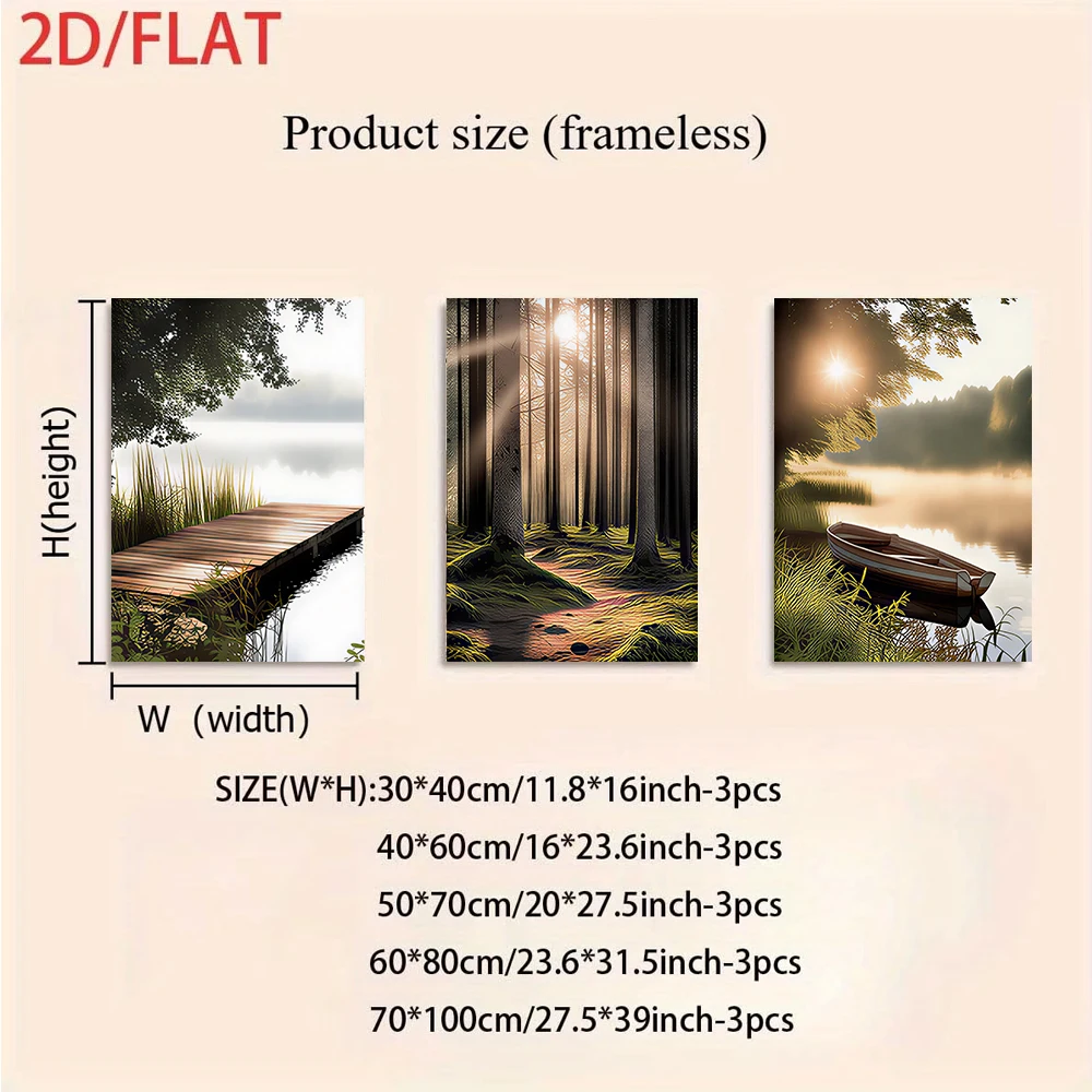 1 set of three-panel frameless paintings: Forest, Sunshine, Lake, Boat, Modern Minimalist Decorative Painting, 2D Flat Design
