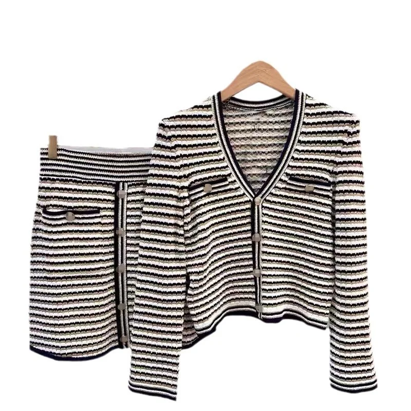 2024 New Women Striped Knitted OL Suit V-neck Single Breasted Cardigan or Elastic High Waisted Skirt