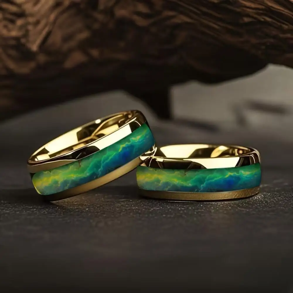 Luxury Gold Color With Green Blue Aurora Borealis Pattern Inlay Stainless Steel Men's Ring Wedding Band Jewelry Wholesale