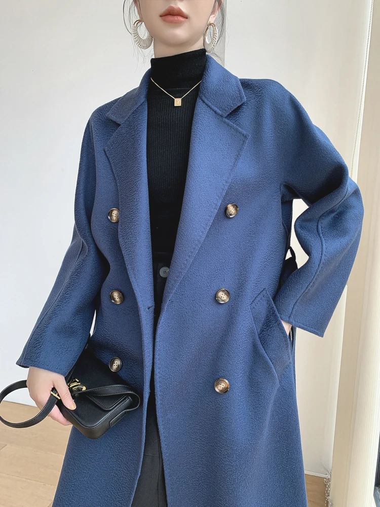 Heigh Level Water Ripple Wool Coat Double-Breasted Solid Double Face Wool Coats Autumn Winter Overover The Knee Woolen Overcoat