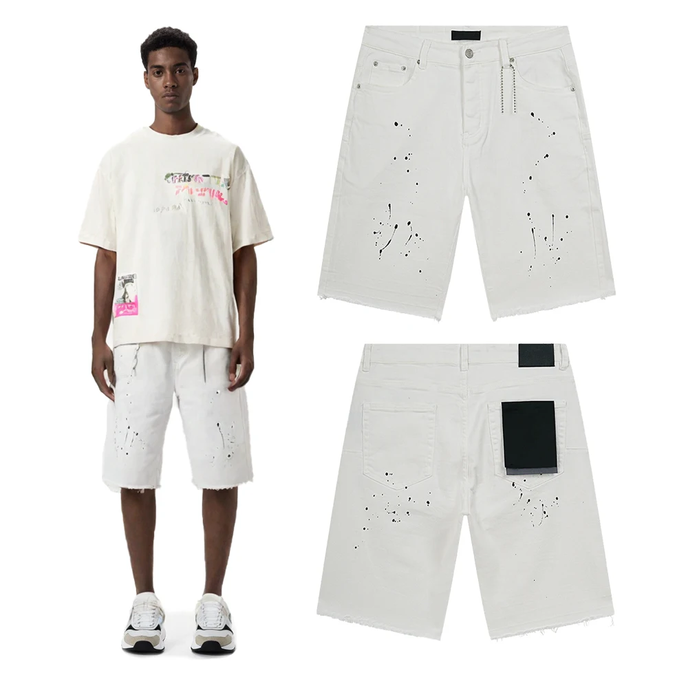 

Summer Streetwear Clothing Dot Printed White Short Jeans Retro Hiphop Street Style Cotton Casual Vintage Baggy Short Pants Men's