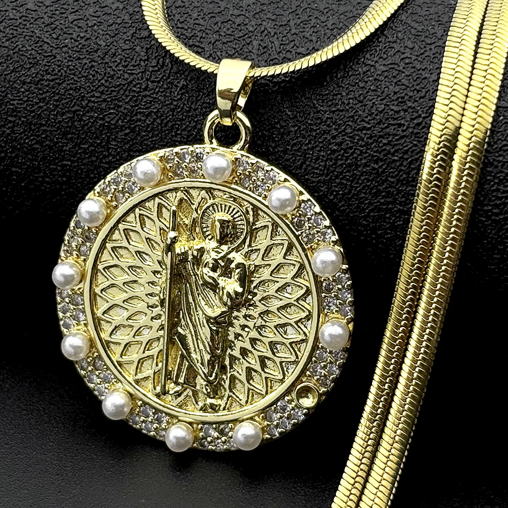Collier pendentif en cuivre avec zircons et perles en acier inoxydable, médaille de prière San Judas Tadeo, bijou de foi Saint Jude Thaddeus, cadeau