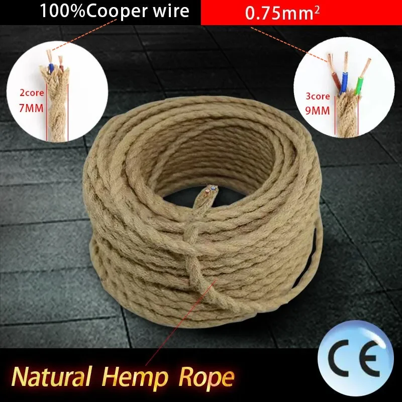 2 Core 3 Core Twisted Cable Hemp Rope Electrical Wire Retro Style Copper Vintage Lamp Cord Woven Textile Wire Pendant Light Cord