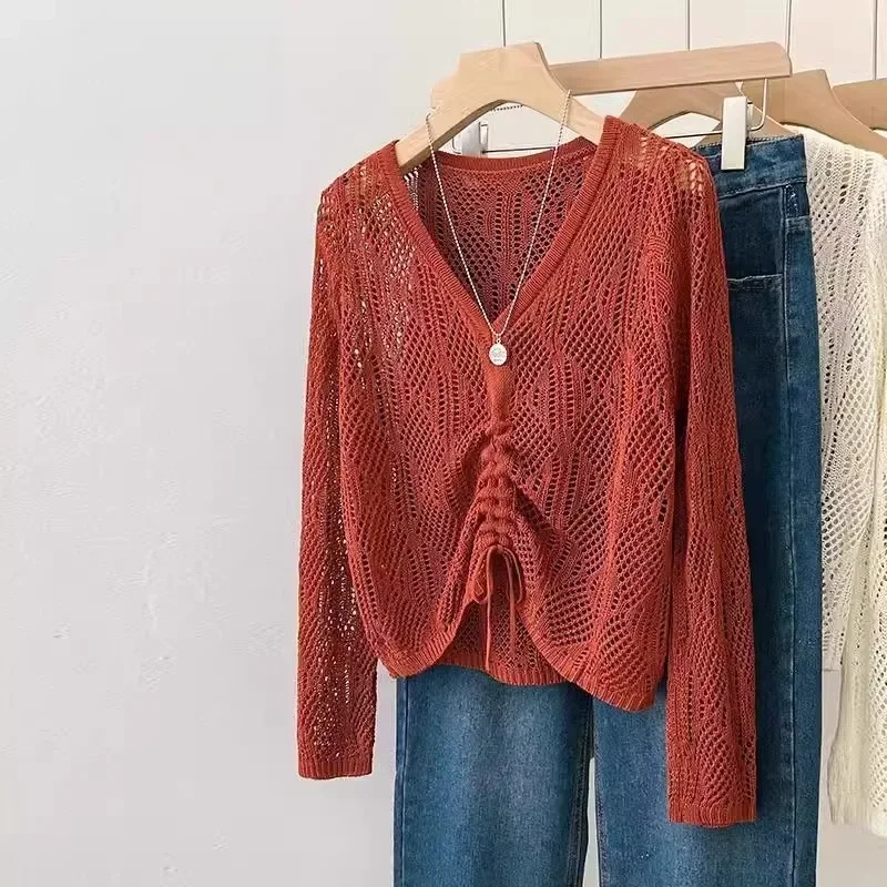 Aushöhlen Pullover Pullover Frühling Sommer 2025, Neue V-ausschnitt Sonnencreme Pullover Für Frauen Lose Elegante Kordelzug Kurze Top