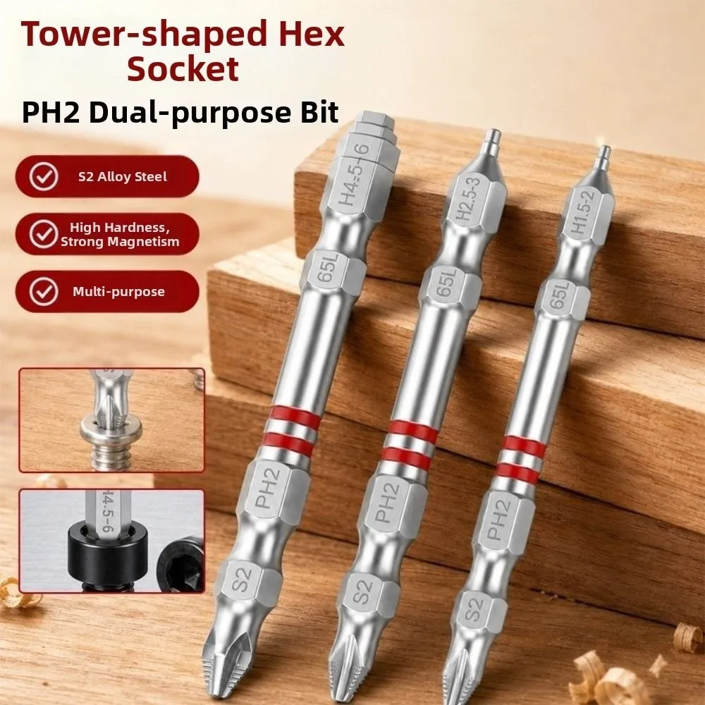 1/3pcs Pagoda-shaped Double Ended Screwdriver Bits 65mm Length S2 Steel Phillips Screwdriver Bits H1.5-6 Size Power Tool Bits