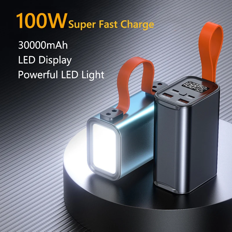 PD 100 Вт Power Bank 30000 мАч Внешняя батарея Быстрая зарядка Портативное зарядное устройство Powerbank для ноутбука iPhone 16 Samsung Xiaomi Huawei