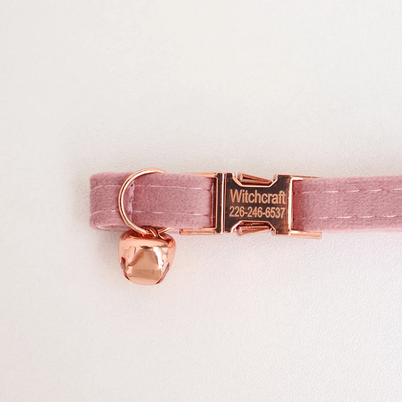 Champagne Pink Velvet Cat Collar Personalized Customized ID Tag Kitten Collars Bell Bow Cat Necklace Puppy Collar for Small Dogs