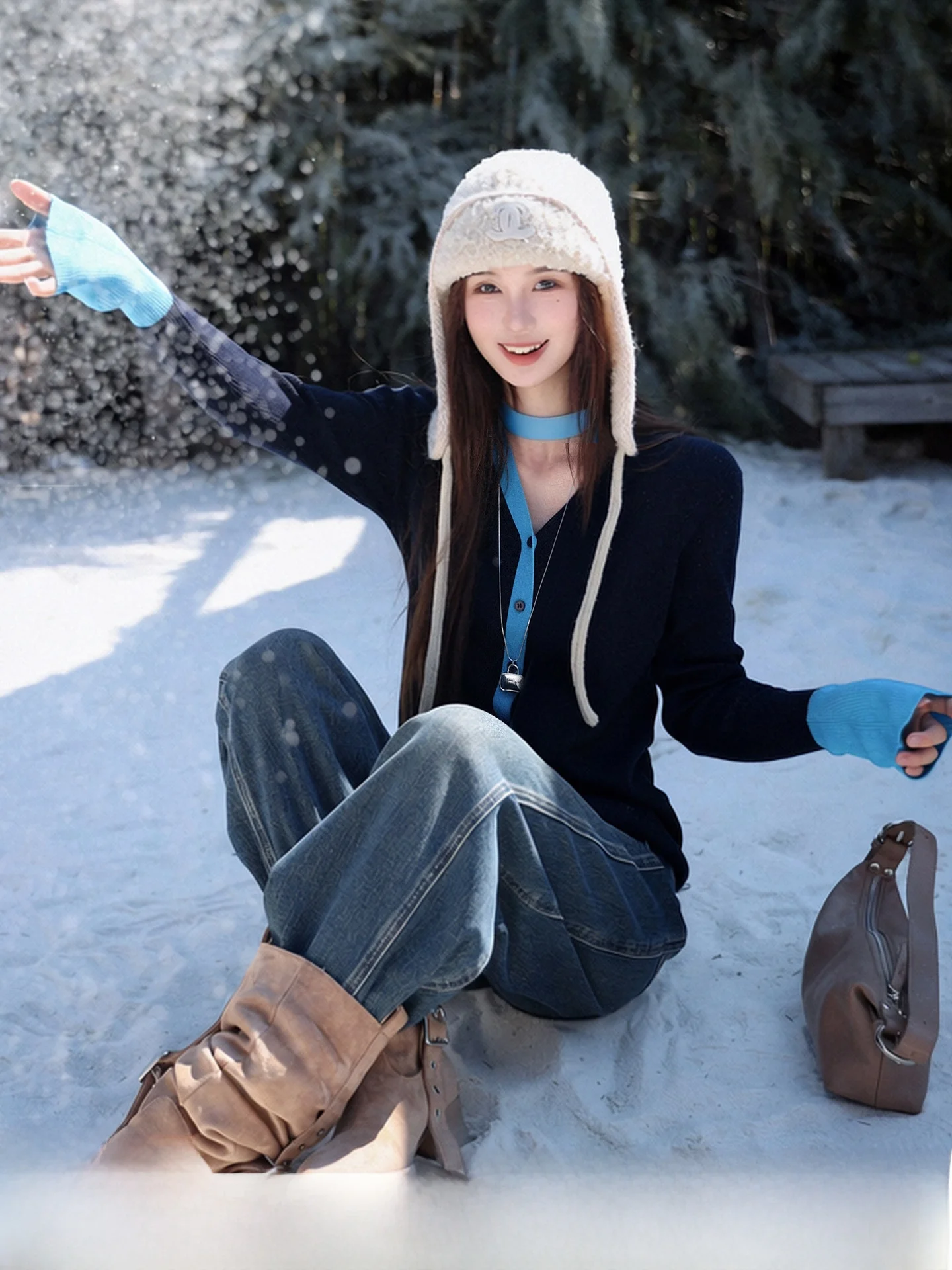 

Mumei Knitted Long Sleeve Women's Cardigan Casual Style V-Neck Polyester Blend Wool Blend Color Block Sash Open Cardigan