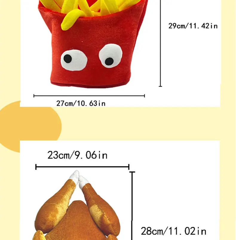 Niedliches, neuartiges Food-Hut-Set, 4-teilig – Hamburger, Pommes Frites, Pizza und Drumstick für Partys, Freizeitkleidung und Geschenke – Detail 10