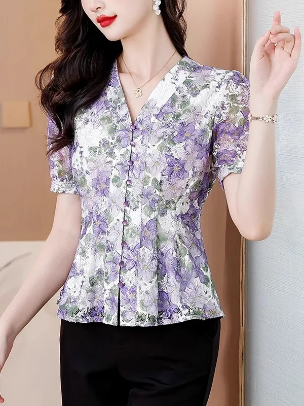 

Elegant Floral Print Short Sleeve Shirt Women's Summer Fashion Slimming Waist Design Mom's Top V-Neck Polyester Fiber 2025 Su...
