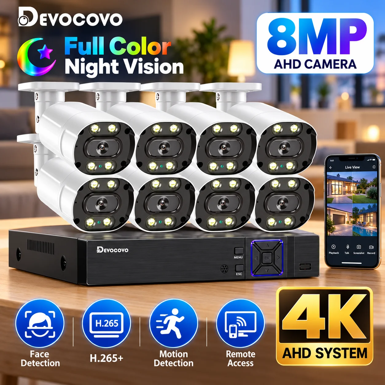 AI Face CCTV 4K AHD DVR Home Security System Kit 4CH Outdoor Full Color Night Vision BNC Bullet Camera Video Surveillance Set