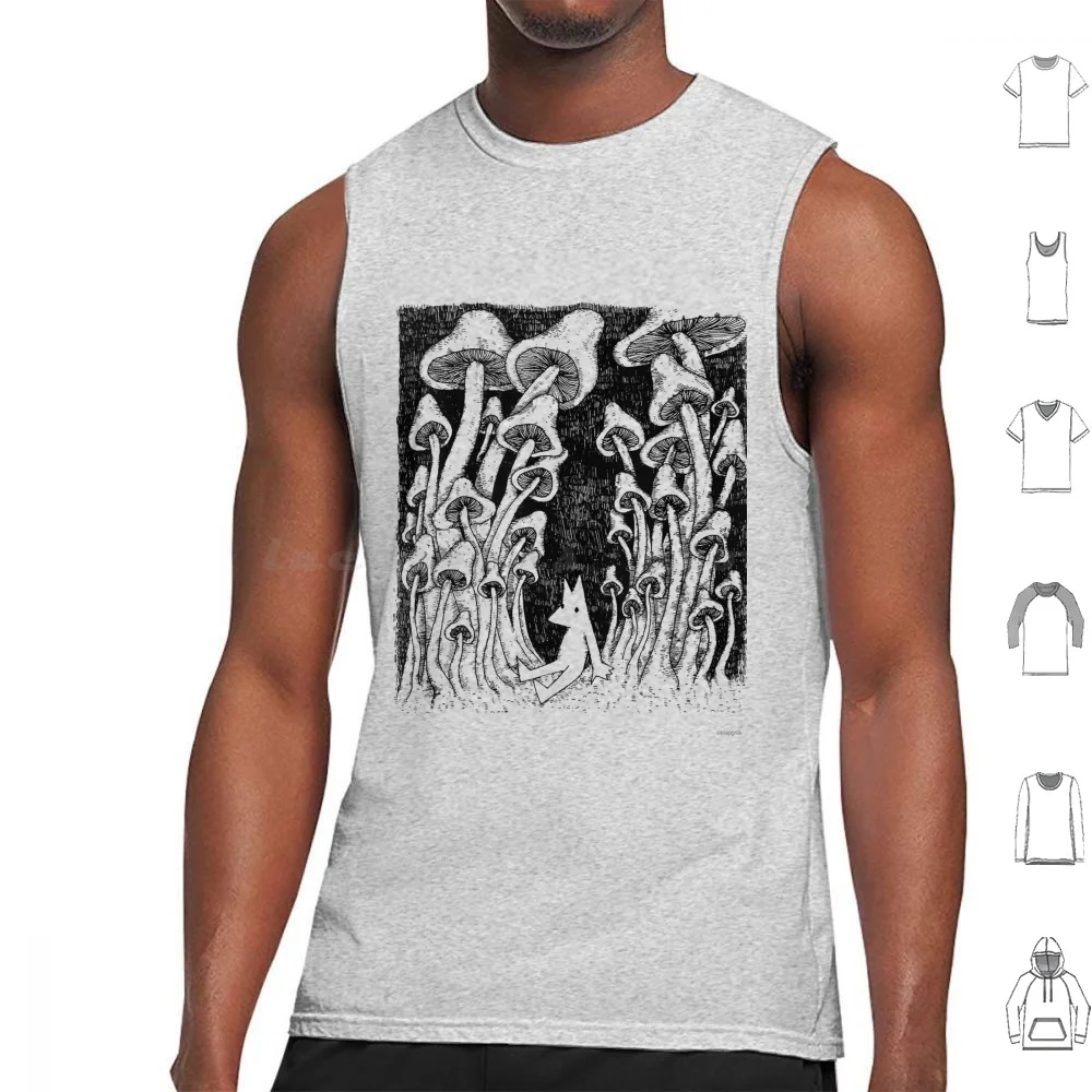 Camisetas sin mangas colgantes en los setas, estampado de algodón, setas, zorro, Lobo, Animal, taburete de sapo, micología, lindo boceto hidro oscuro
