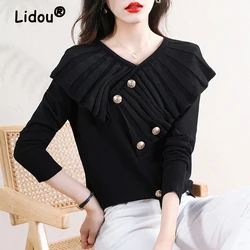 Autumn Winter Women Stylish V Neck Ruffles Design Elegant Chic Knitwear Female Korean Black White Long Sleeve Slim Pullover Tops