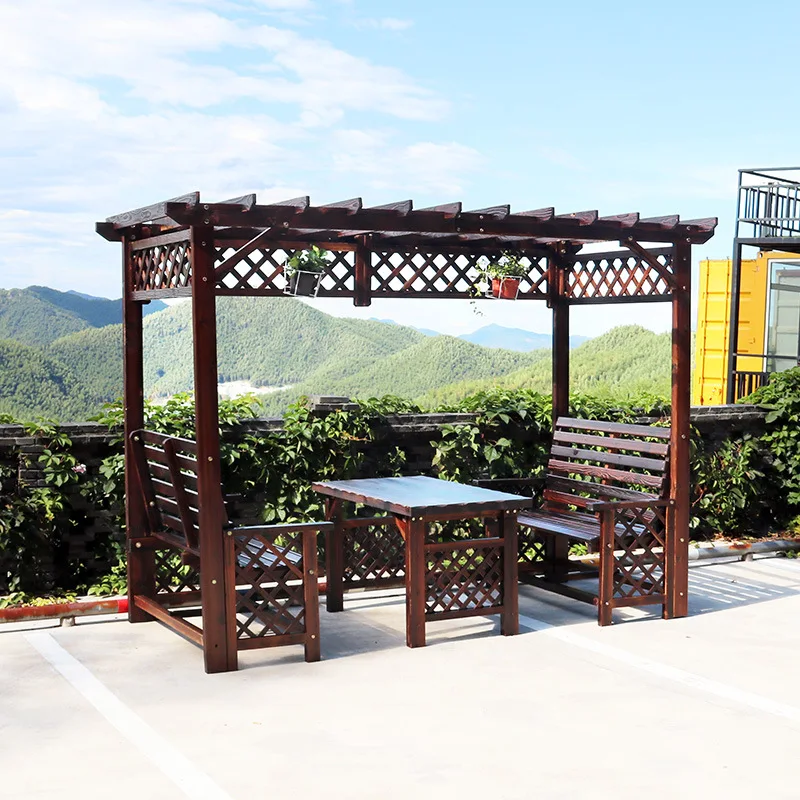 HYS solid wood leisure pavilion grape rack outdoor courtyard carbonized wood climbing vine rack household villa solid wood table