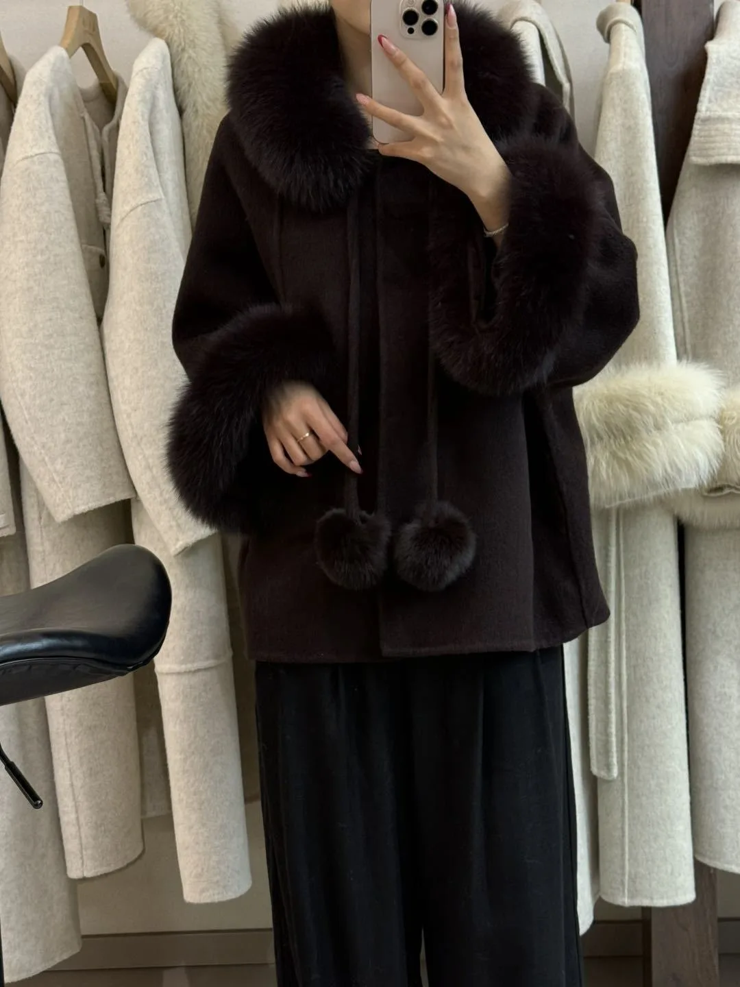 OFTBUY Women's Short Wool Coat Real Fox Fur Collar Cuffs Pom Pom Drawstring Woolen Clothing New Winter Warm Elegant Outerwear