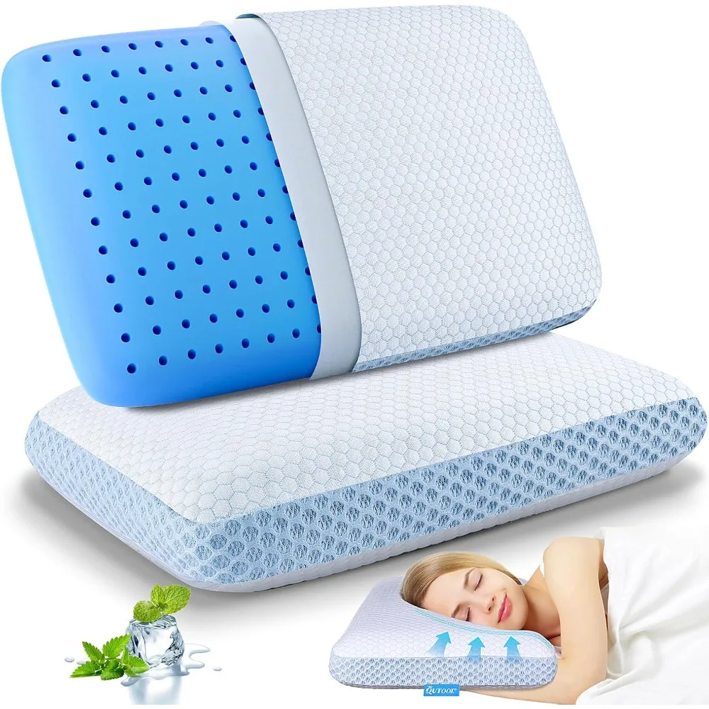 Memory Foam Pillows 2 Pack, Ventilated Bed Pillow with Cooling Washable Cover, Cervical Contour Pillow for Side Back Sleeper