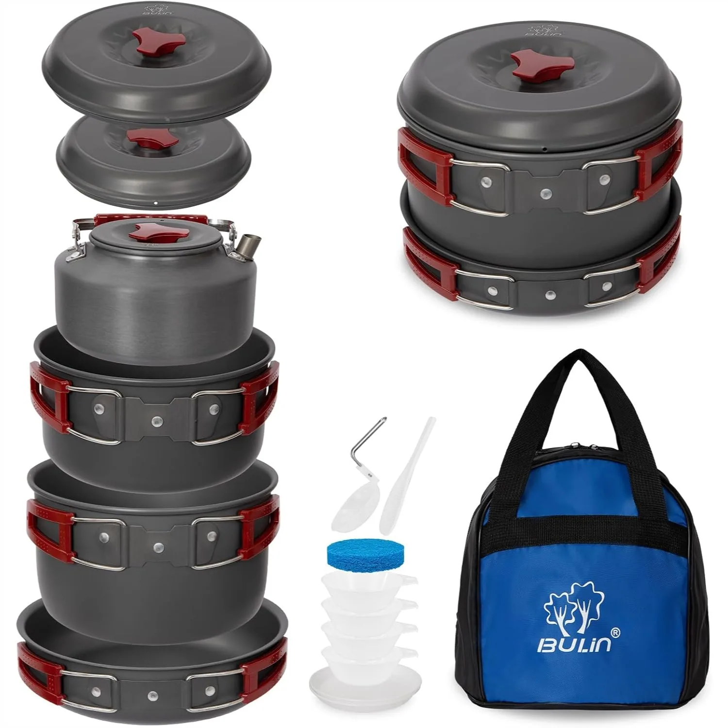 

Camping Cookware Mess Kit 24 Pcs Lightweight Backpacking Cooking Set for Hiking Picnic with Pots, Frying Pan, Kettle, Bowls,