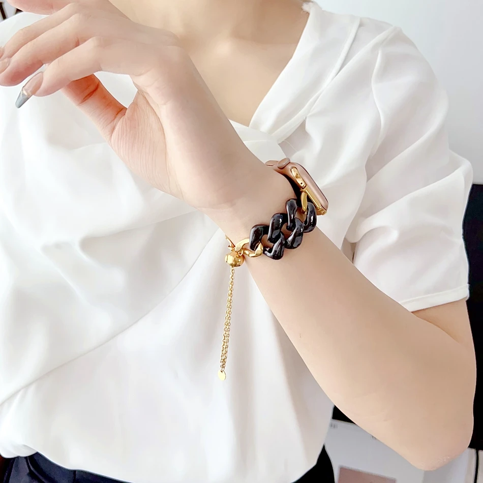 Pasek do Apple Watch Ultra 49mm iWatch Series 8 7 6 SE 5 4 38/40/41mm 42/44/45mm, modowa opaska INS z ceramiki i metalu z bransoletką łańcuszkową