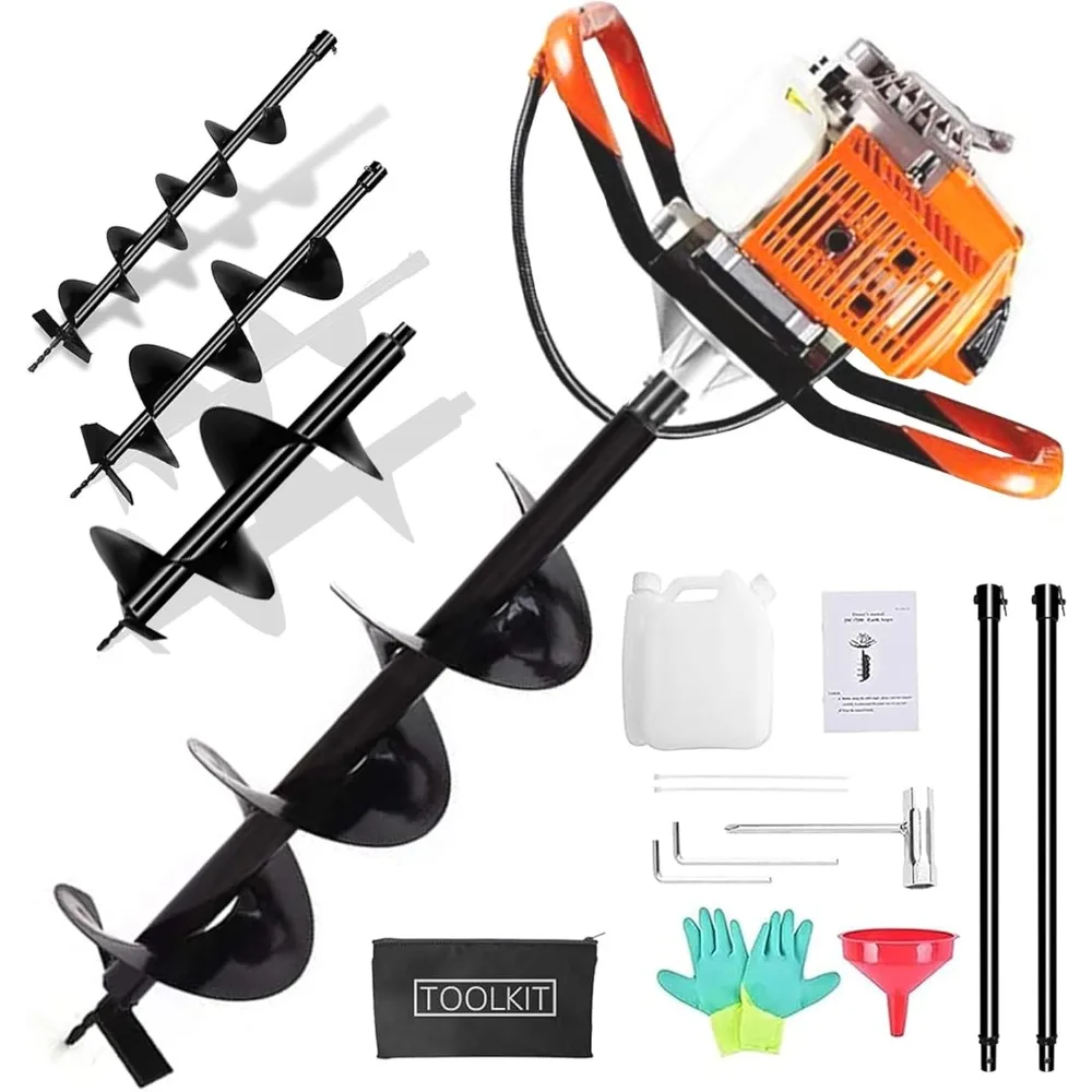 

Auger Post Hole Digger, 2 Stroke Gas Powered Earth Post Hole Digger with 3 Auger Drill Bits(3 & 5& 8) + 2 Extension Rods(24