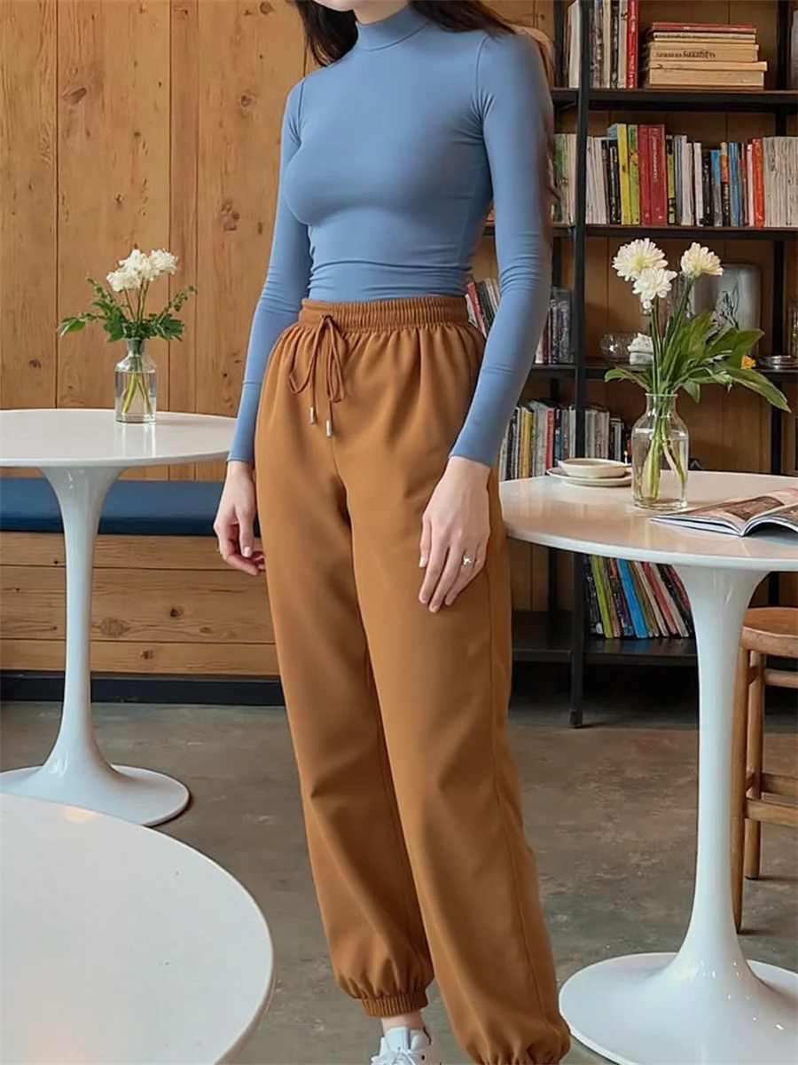 

Повседневные брюки женские осенние широкие утолщенные теплые эластичные талии простые корейский стиль модная однотонная мягкая уличная одежда Harajuku