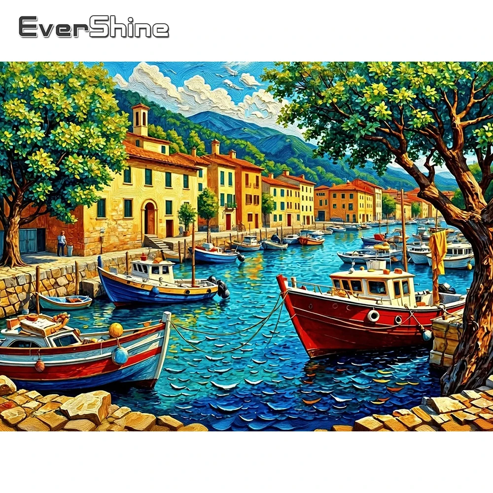 EverShine Diamantmalerei Haus-Landschaftsbild Strass-Mosaik Küstenlandschaft Vollflächige Quadratische Stickerei Boot Handgemachtes Hobby