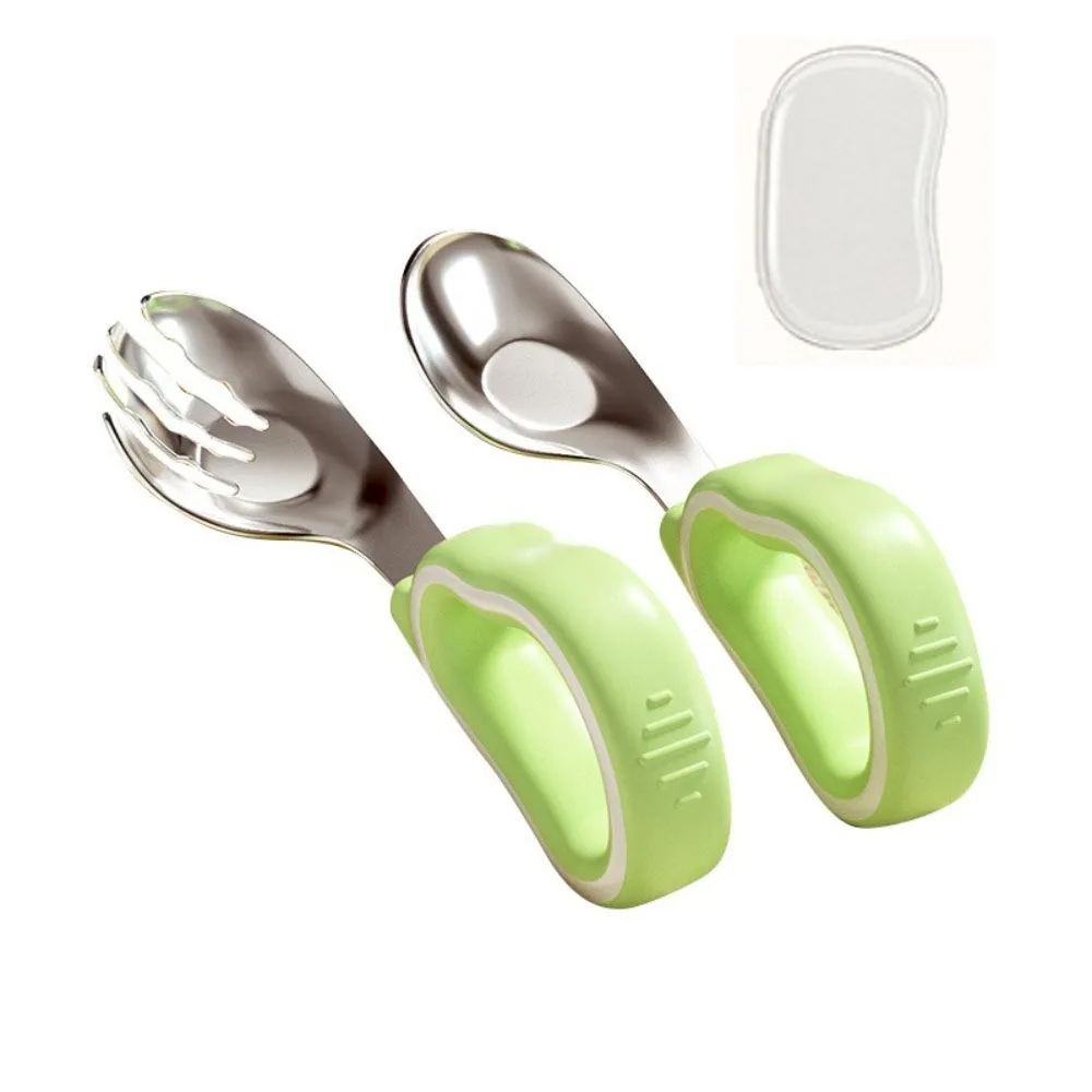 

2Pcs Silicone Handle Baby Fork and Spoon Set Self Feeding 316 Stainless Steel Baby Cutlery with Storage Box Anti-Choke Design