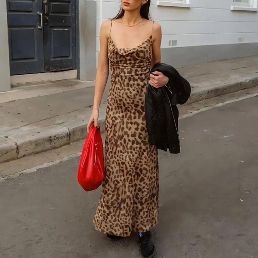 

2024 Summer New Woman Dress Leopard Print Sleeveless Vintage Backless Low-cut A-line Prom Cocktail Club Party Maxi Dress