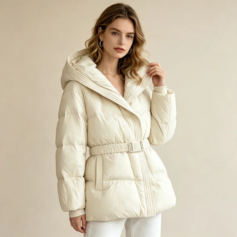 Schinteon Women White Down Jacket with Hood Solid Color Fashionable Autumn Winter Warm Outwear Parka Belt 2026 New Real Pictures