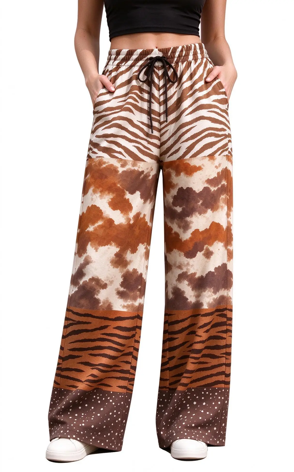 Women Mid Waist Wide Leg Pants Zebra Tie Dye Splice Print Drawstring Casual Trousers with Pockets