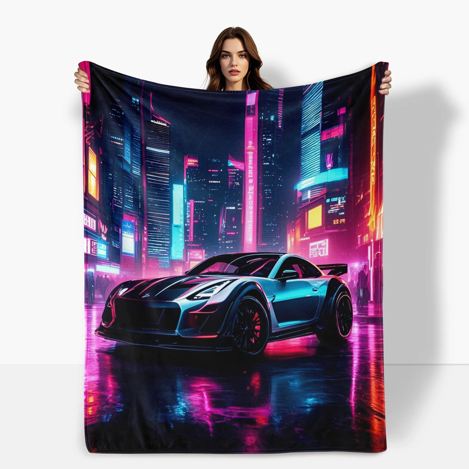 Cyberpunk Car And Street Themed Blanket With Purple Design For Unique And Futuristic Tech Inspired Home Decor Style