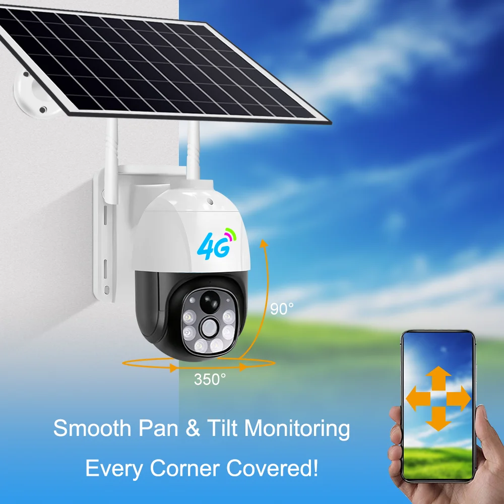 Solar Powered Wireless Security Camera WiFi 4G PTZ Outdoor IP66 Waterproof Surveillance Camera Two‑Way Audio Night Vision PIR