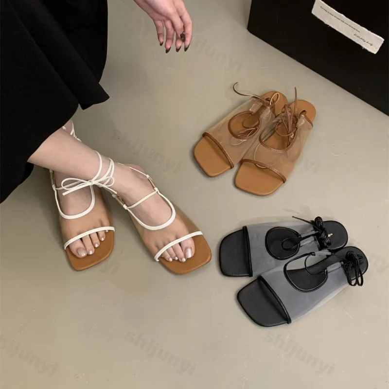 

Women's French Style Niche Design Shoes 2025 Summer Mesh Breathable Sandals Squared Head Open Toes Fashion Comfortable Slippers