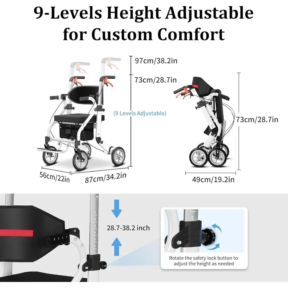 رولیتر قابل للطي 2 في 1 مع مقعد لكبار السن، كرسي نقل خفيف الوزن لجميع التضاريس، ارتفاع قابل للتعديل، أبيض