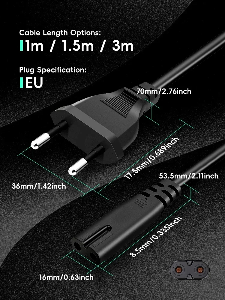 EU/US Power Supply Cable for PS5 PS4 Xbox Speaker Monitor 2-Prong AC Power Supply Cable Extension Cord for Samsung TV Computer