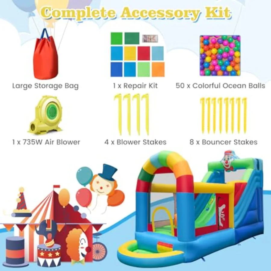 Casa da rimbalzo 14,5x6FT, ponticello gonfiabile con scivolo, bracciolo con palline, parete da arrampicata, ostacoli, area di salto, borsa per il trasporto, kit di riparazione, pollici