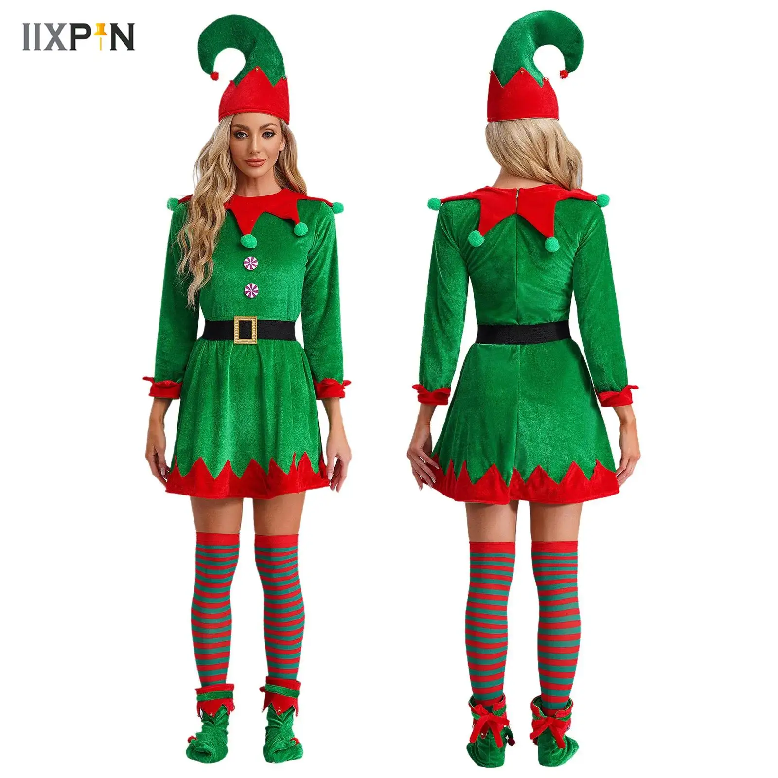 Women Christmas Elf Costumes Velvet Long Sleeve Dress with Elf Hat Striped Stockings Shoes 5 Pcs/Set Xmas Party Cosplay Outfit