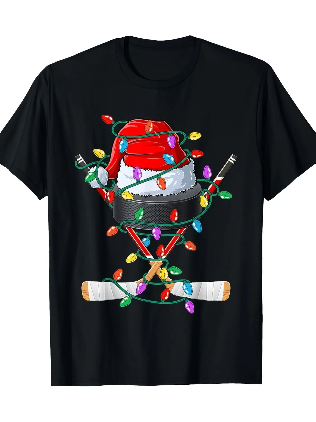 

Hockey Christmas Lights Puck Santa Hat Graphic Tee Men Women Casual Sports Fan Gift Cotton T-Shirt
