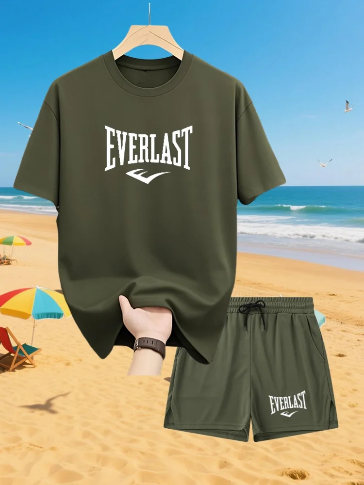 

EVERLAST Men's Short Sleeve T-Shirt and Shorts Set, Printed Running Gym Sports Leisure Brand 2 Pieces