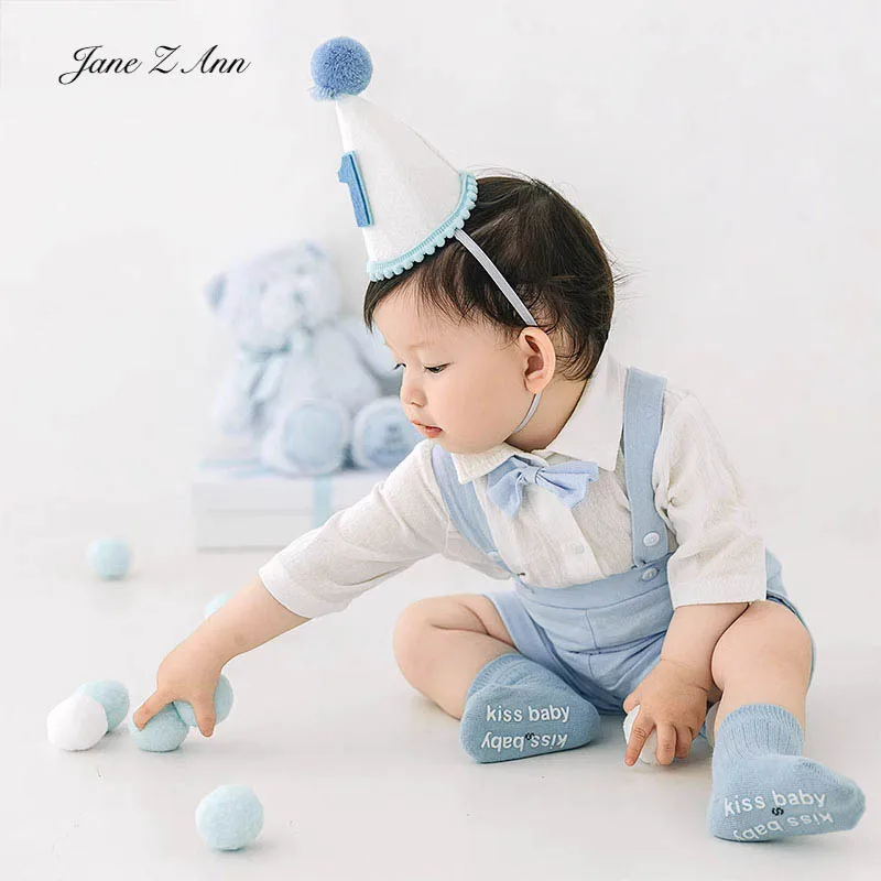 

Одежда для маленьких мальчиков на 1 год, реквизит для фотосъемки, шапка с помпоном + синяя рубашка + подтяжки + галстук-бабочка + носки Bau toddler, наряды для джентльменов