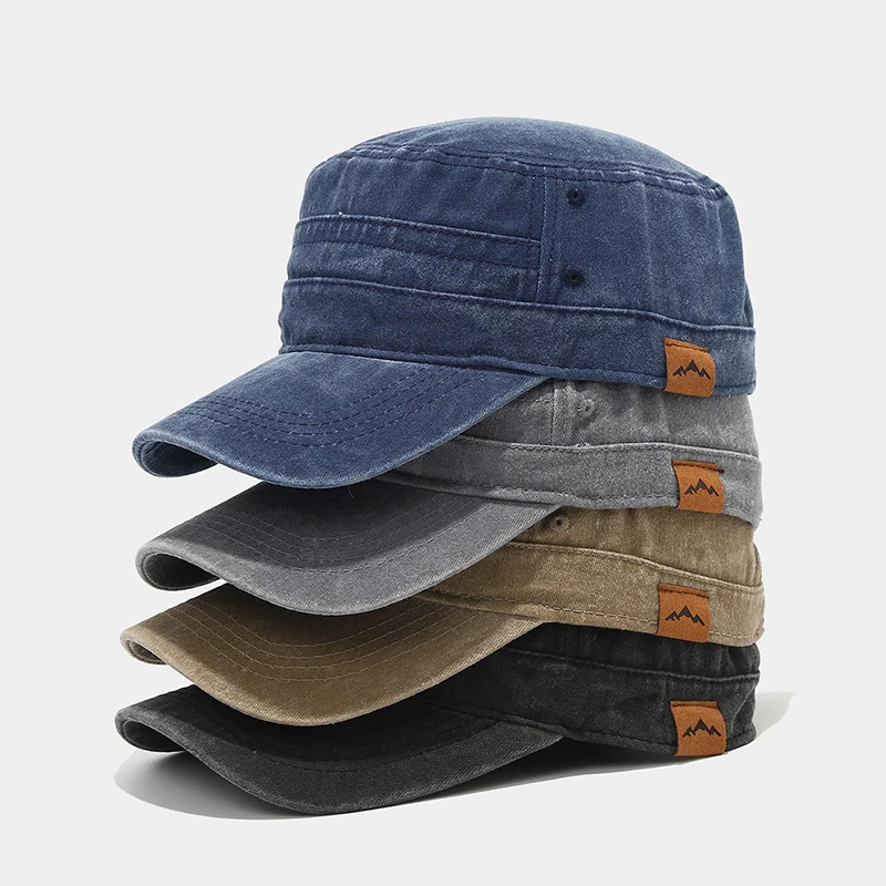 

New Fashionable Washed Cotton Spring Autumn Simple Military Hat Men'S Distressed Retro Flat Top Baseball Cap Women's Hiking Caps
