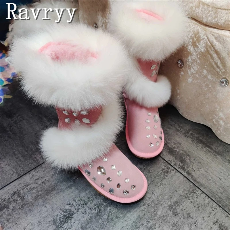 

Luxury Design Rhinestone Fur Pink Snow Boots Women Fairy Style Round Toe Genuine Leather Thick Bottom Winter Warm Boots