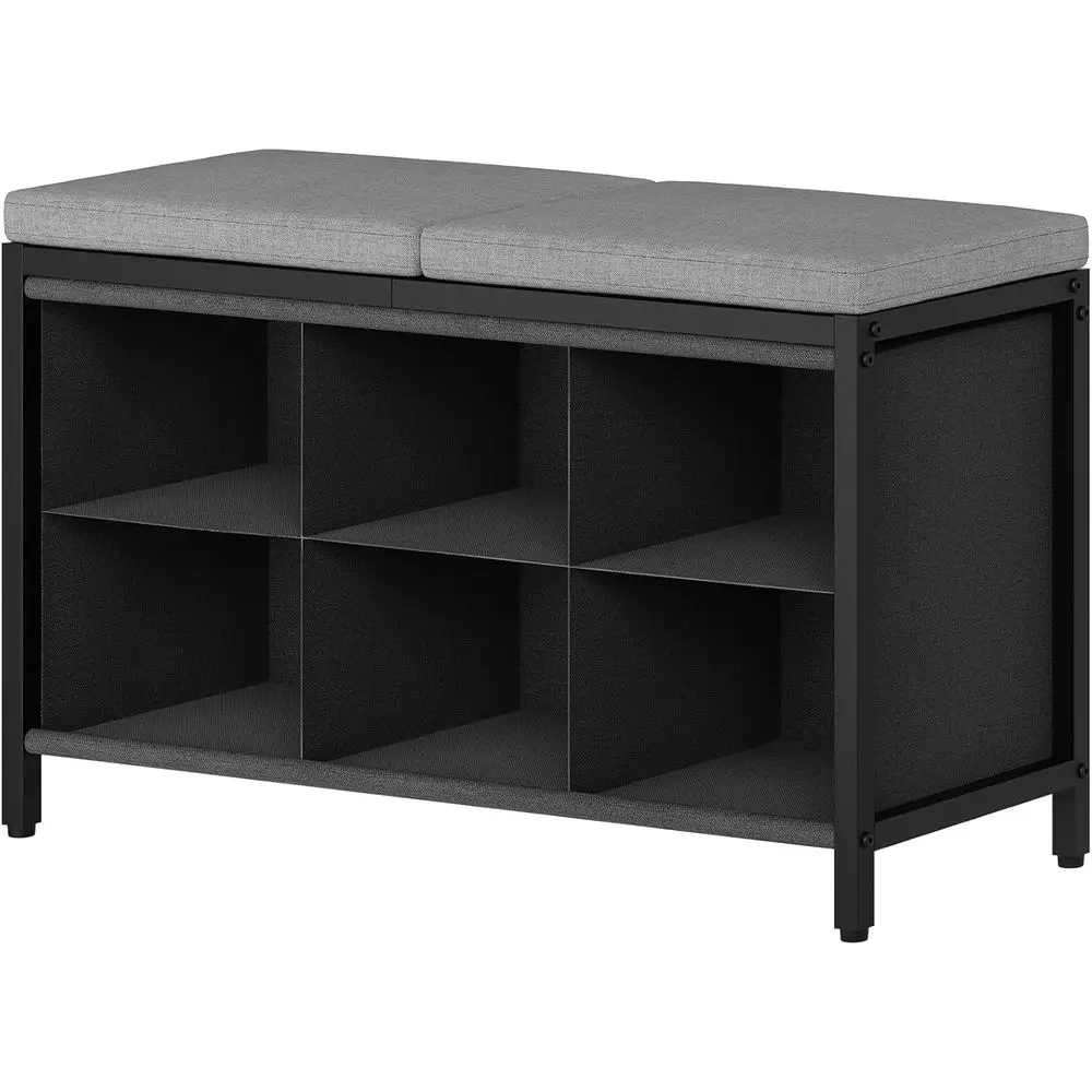 Padded Entryway Shoe Bench with 6 Storage Compartments, Black and Gray