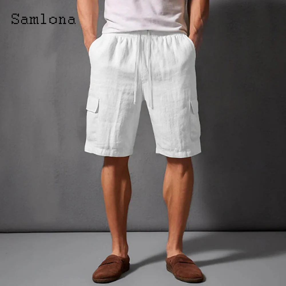 

2025 мужские повседневные пляжные шорты с карманами-стойкой, большие размеры, мужские прямые полубрюки для отдыха, однотонные белые шорты цвета хаки на шнурке, новинка