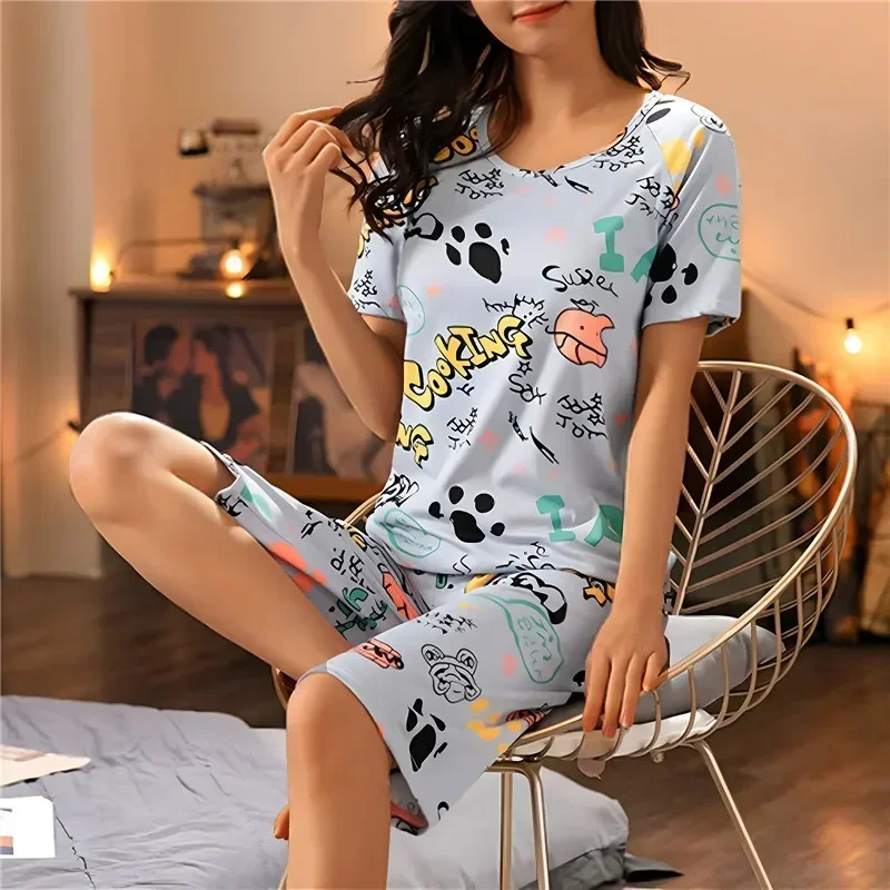 Fashion Cartoon Sets Capris Pajama Polyester Sleepwear Summer Pyjamas Sleep Plaid Lounge Short-sleeved Women Home