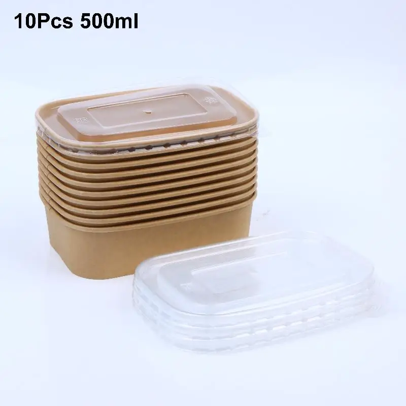 10PCS/Set Disposable Lunch Box Kraft Paper Square Lunch Box Fast Food Packing Boxes Paper Bowls With Lid Household Bento Boxes