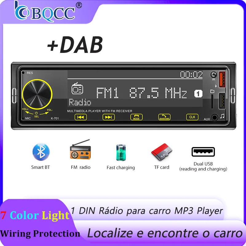 Bqcc 1 din mp3 carro player dab rádio digital baixo-pesado localização de áudio e busca de carro 2.5d tela botão de toque completo áudio do carro