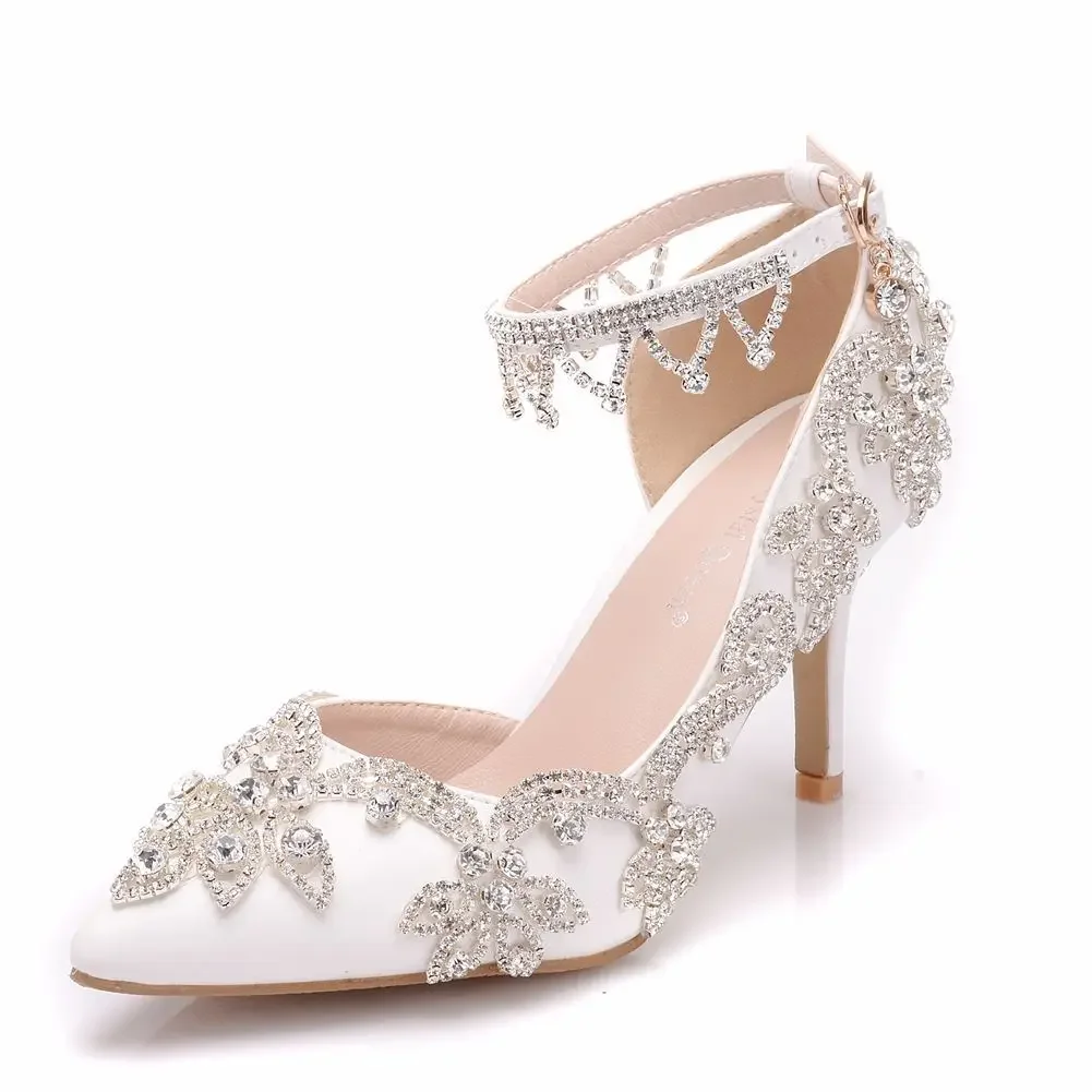 Women Summer Shoes New Women Pumps Sandals Rhinestone Side Air Wedding PU 8CM Thin Heeled Pointed Lovely Woman Shoe