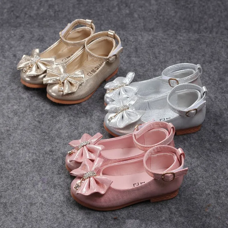 2023 Spring Autumn Fashion Baby Girl Shoes Princess Bow-knot With Rhinestone Pendant Kids Single Shoes For Girls Children