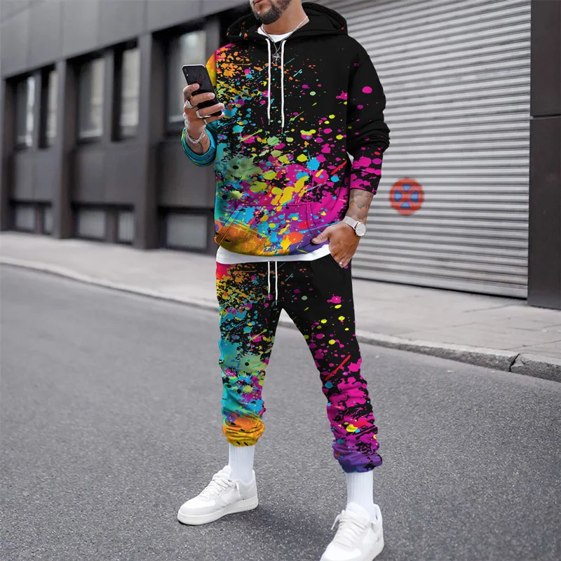 Autumn Winter Male Hoodie Jogging Tracksuit For Men 3D Color Graffiti Mens Hooded Sweatshirt Sets Men Hoodies Two Piece Sets