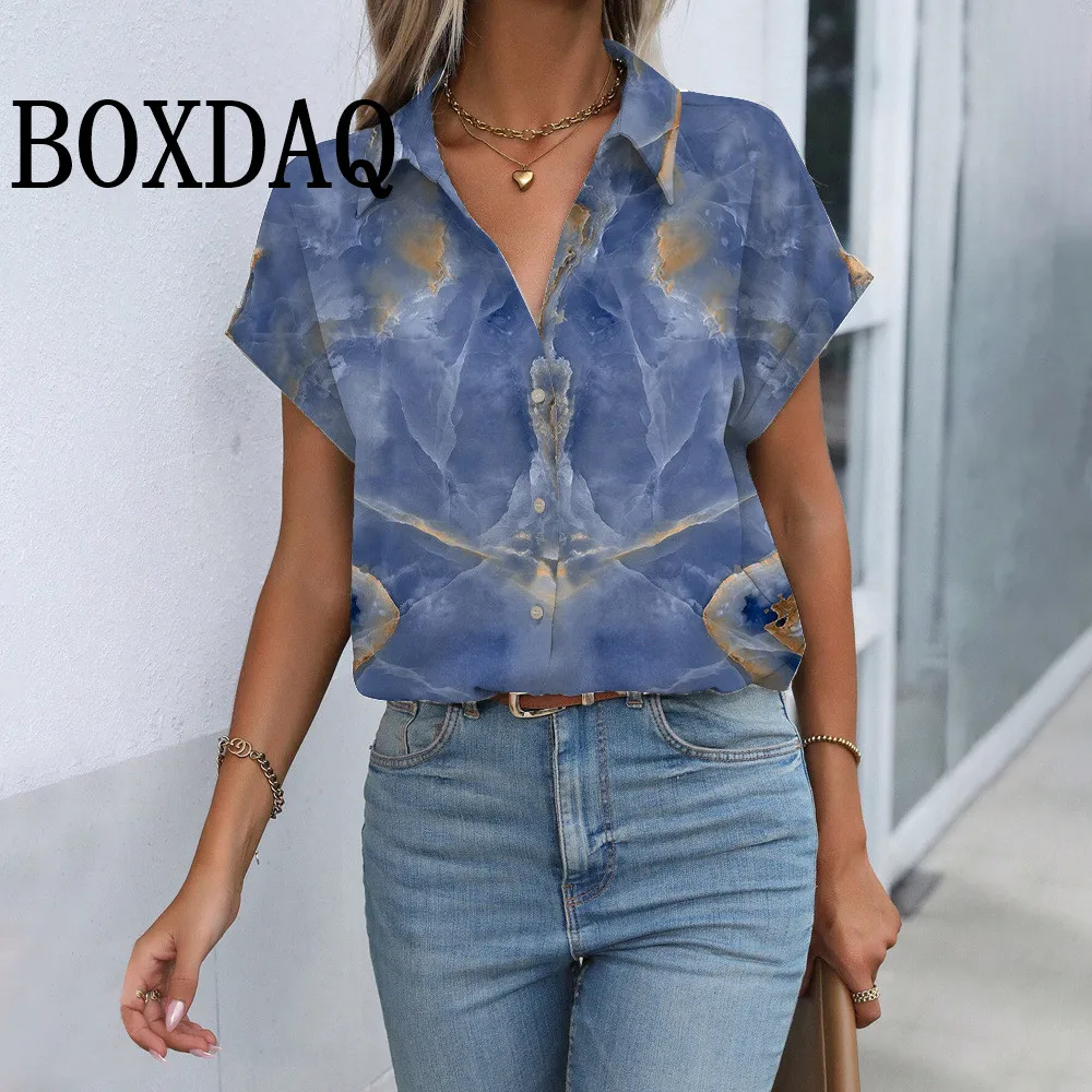 New 2025 Summer Short Sleeve Shirts Painted Elegant Fashion Abstract 3D Print Blouses Casual Loose Button Laple Office Lady Tops